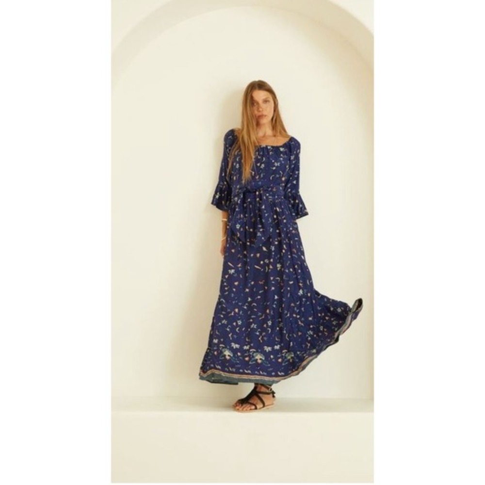 Natalie‎ Martin 100% Silk Navy lotus Boho Maxi Dress Off Shoulder Resort Luxe